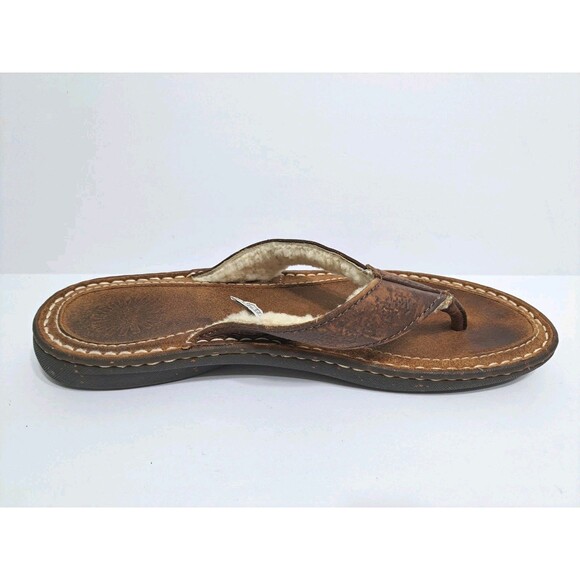UGG Men's Size 10 Brown Sherpa Lined Leather Flip Flops Sandals Sheepskin Tooled - Picture 4 of 11